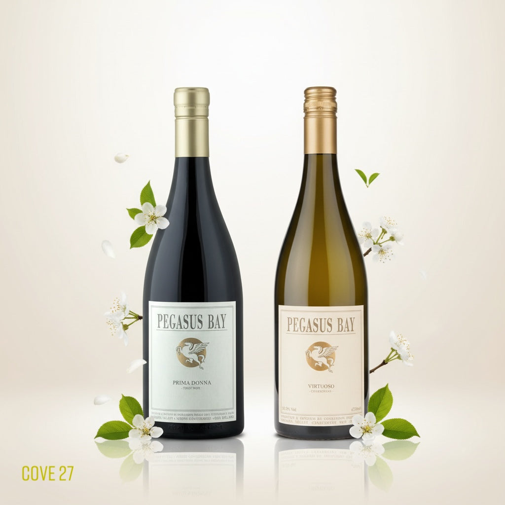 Load image into Gallery viewer, Two bottles of Pegasus Bay wine on a light background with floral elements.