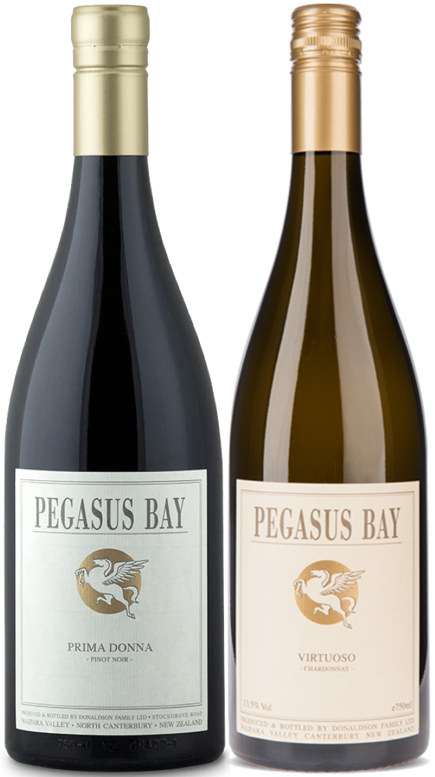 Two bottles of Pegasus Bay wine, one Prima Donna Pinot Noir red and one Virtuoso Chardonnay white, on a light background.