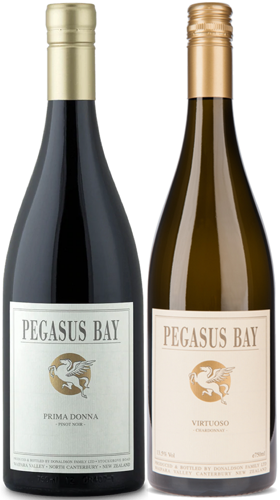 Two bottles of Pegasus Bay wine, one Prima Donna Pinot Noir red and one Virtuoso Chardonnay white, on a light background.
