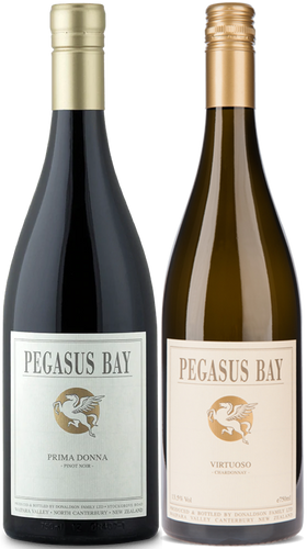 Two bottles of Pegasus Bay wine, one Prima Donna Pinot Noir red and one Virtuoso Chardonnay white, on a light background.