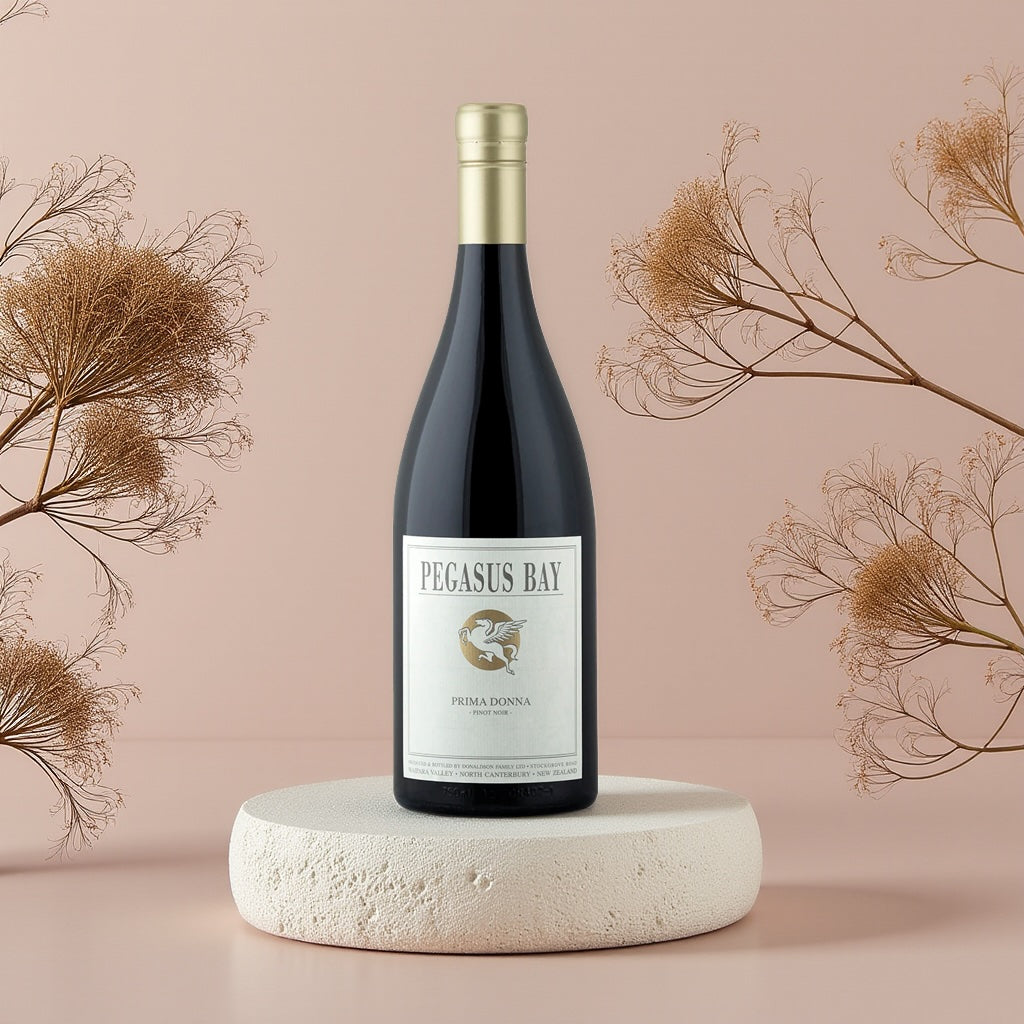 Wine bottle of Pegasus-Bay-Prima-Donna-Pinot-Noir on a beige platform with dried plants in the background