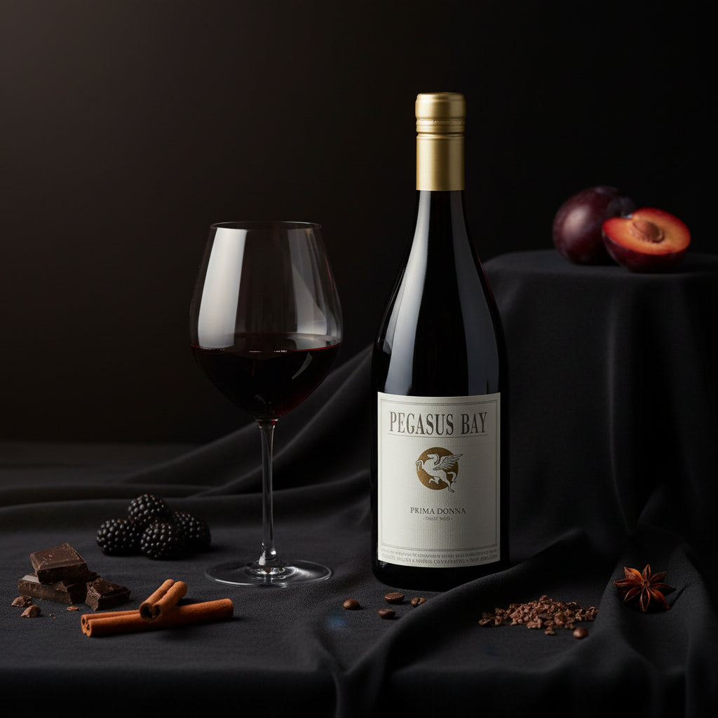 Bottle of Pegasus-Bay-Prima-Donna-Pinot-Noir wine with a glass of red wine on a dark surface with fruits and chocolate.