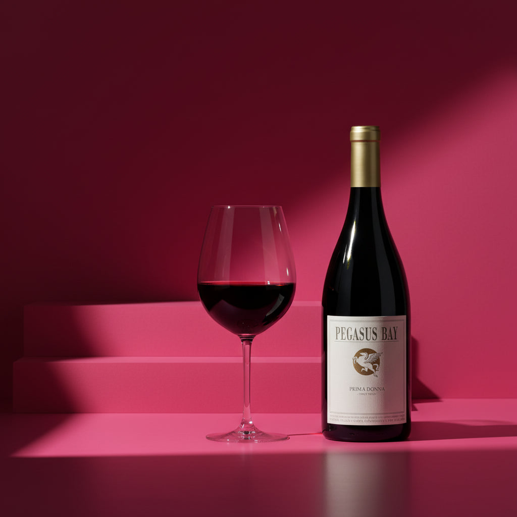 Bottle and glass of Pegasus-Bay-Prima-Donna-Pinot-Noir on a pink background