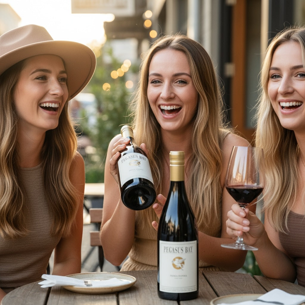 Load image into Gallery viewer, Three women enjoying wine at an outdoor setting with a bottle of Pegasus Bay Prima Donna Pinot Noir wine.