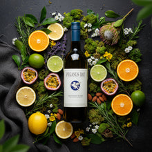 Load image into Gallery viewer, Pegasus Bay Sauvignon Blanc white wine bottle surrounded by fruits, flowers, and herbs on a dark surface