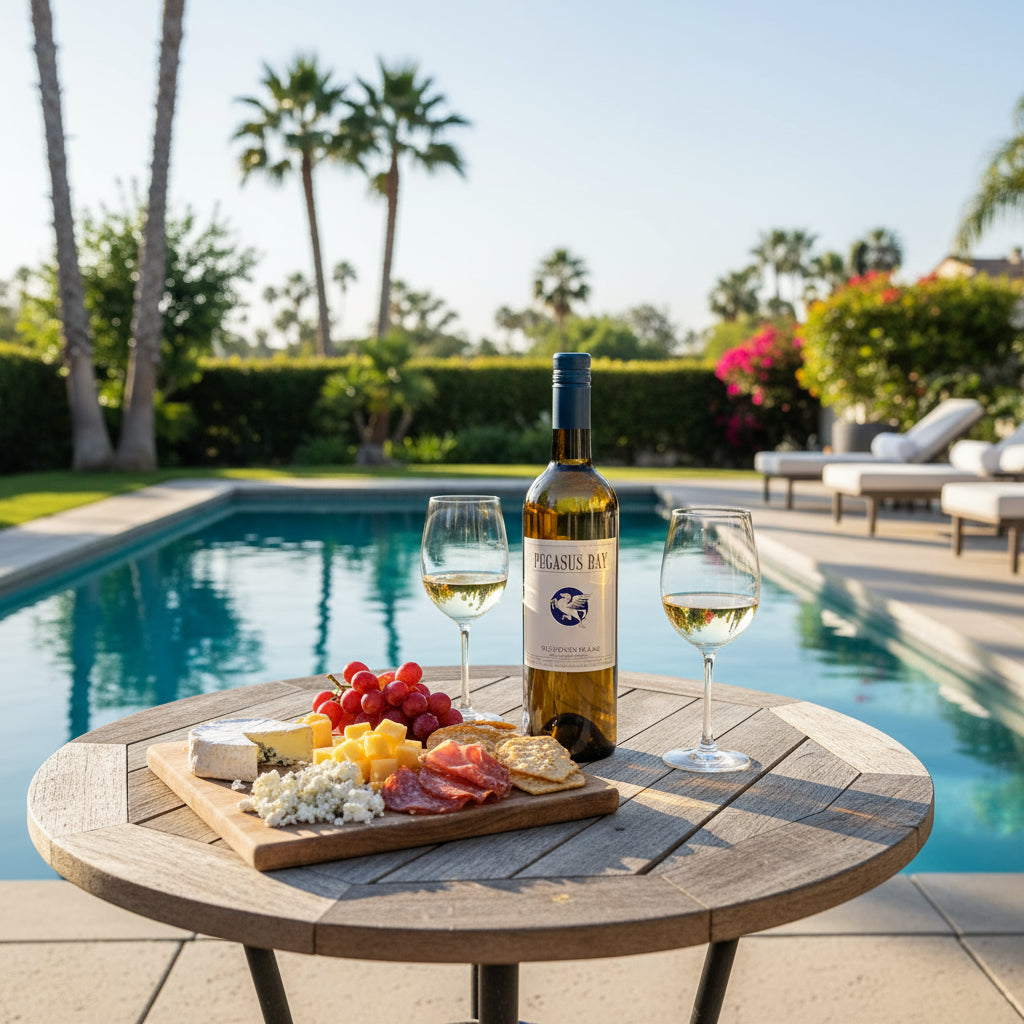 Load image into Gallery viewer, Pegasus Bay Sauvignon Blanc white wine bottle with two glasses and a charcuterie board by a poolside with palm trees in the background