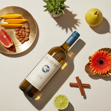 Load image into Gallery viewer, Bottle of Pegasus Bay Sauvignon Semillon Bordeaux-style blend white wine with fruit and a flower on a light surface