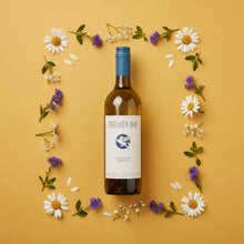 Load image into Gallery viewer, Pegasus Bay Sauvignon Semillon Bordeaux-style blend white wine bottle with blue cap and white label surrounded by flowers on a yellow background