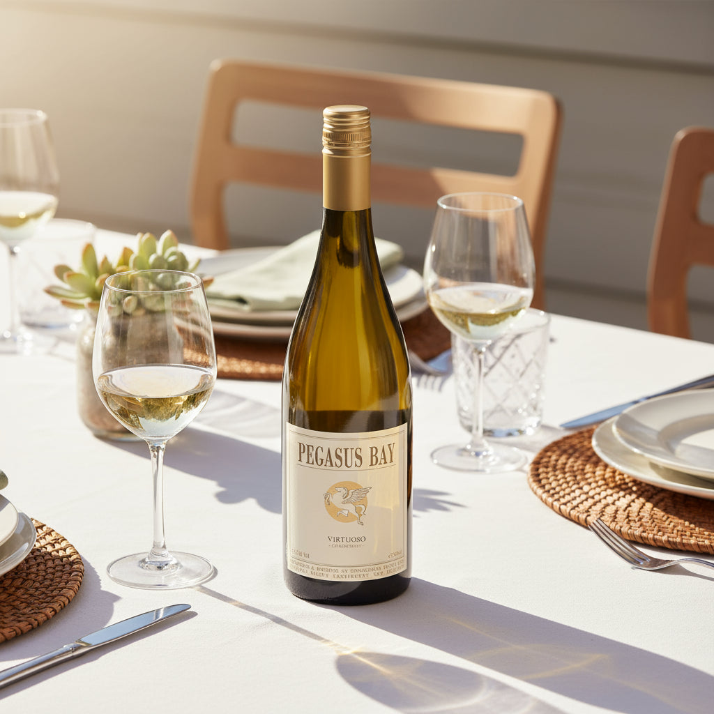 Load image into Gallery viewer, Bottle of Pegasus Bay Virtuoso Chardonnay wine on a table with glasses and plates