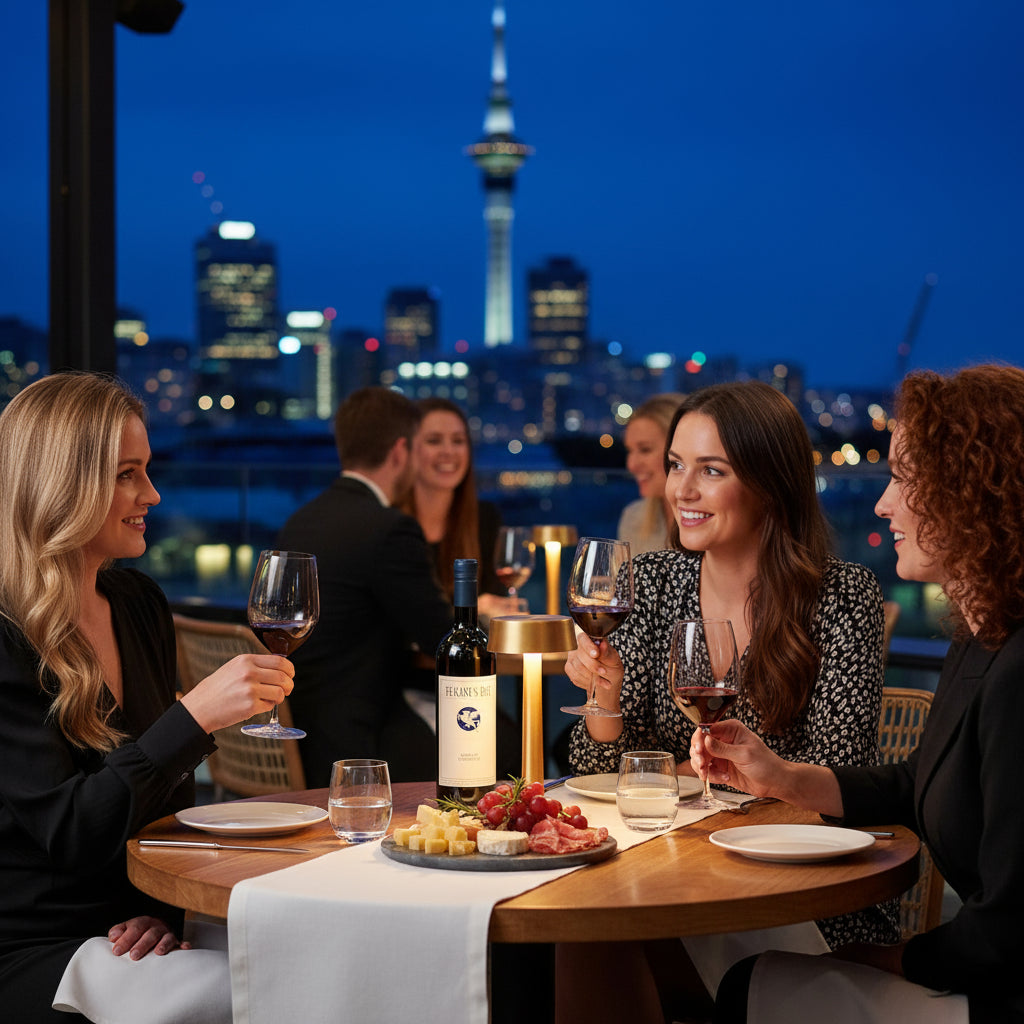 Three women dining at a rooftop restaurant with a city skyline in the background and enjoying a bottle of Pegasus Bay merlot cabernet red blend wine