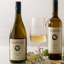 Load image into Gallery viewer, A bottle of Pegasus Bay wine on a marble tray with a glass of white wine.
