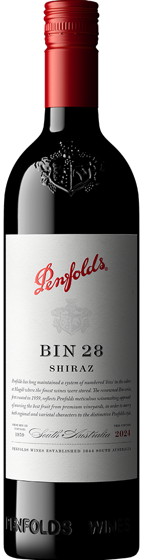 Load image into Gallery viewer, A bottle of Penfolds Bin 28 Shiraz red wine, featuring a dark glass bottle, a red foil top, and a white label with red and black text.