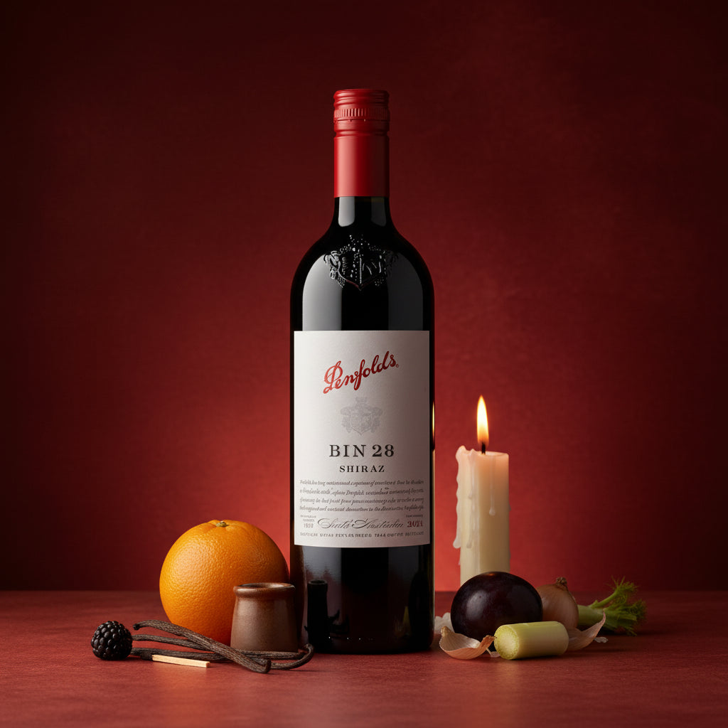 Load image into Gallery viewer, A bottle of Penfolds Bin 28 Shiraz red wine stands on a wooden surface against a dark red background, styled with an orange, a lit white candle, and small food props.