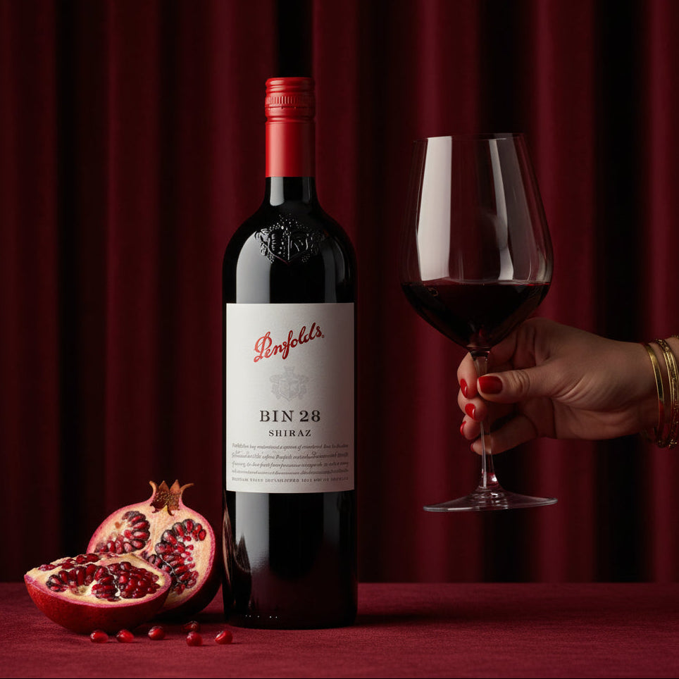 Load image into Gallery viewer, A bottle of Penfold's Bin 28 Shiraz red wine stands on a dark red surface against a deep red curtain backdrop, with a hand holding a filled wine glass and a sliced pomegranate at the base.