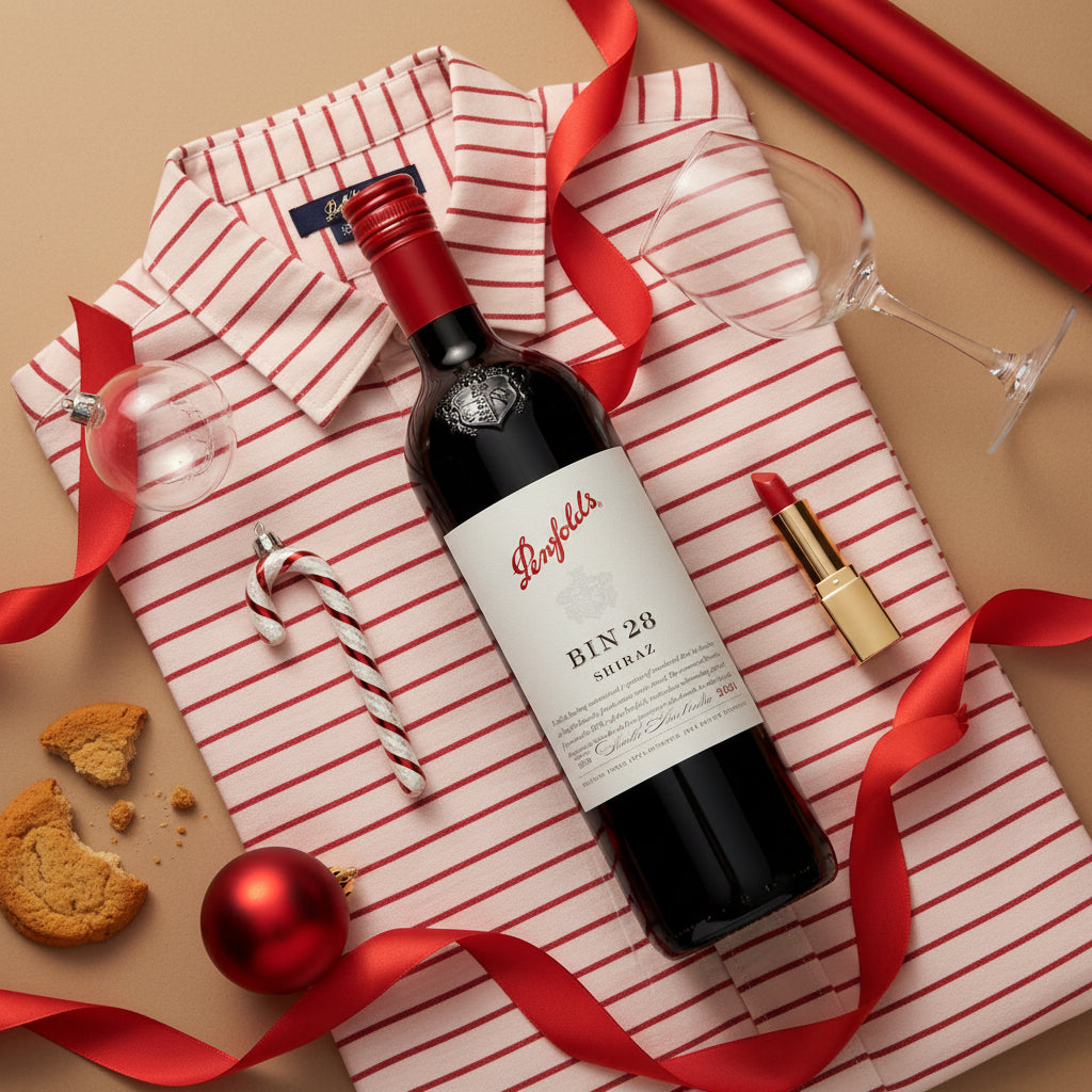 Load image into Gallery viewer, A bottle of Penfolds Bin 28 Shiraz red wine arranged on a red-and-white striped gift box with red ribbon, a candy cane, a lipstick tube, cookies, and wine glasses on a beige background.