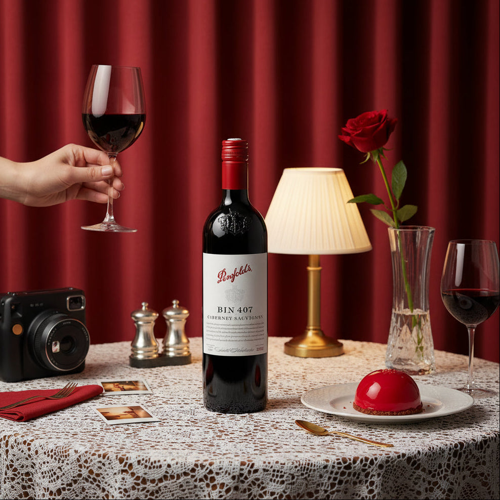 Load image into Gallery viewer, A bottle of Penfolds Bin 407 Cabernet Sauvignon red wine stands on a lace-covered table against a deep red curtain backdrop. A hand holds a glass of red wine at left, and the scene includes a camera, salt and pepper shakers, a lamp, a red rose in a vase, another wine glass, and a red dessert on a plate.