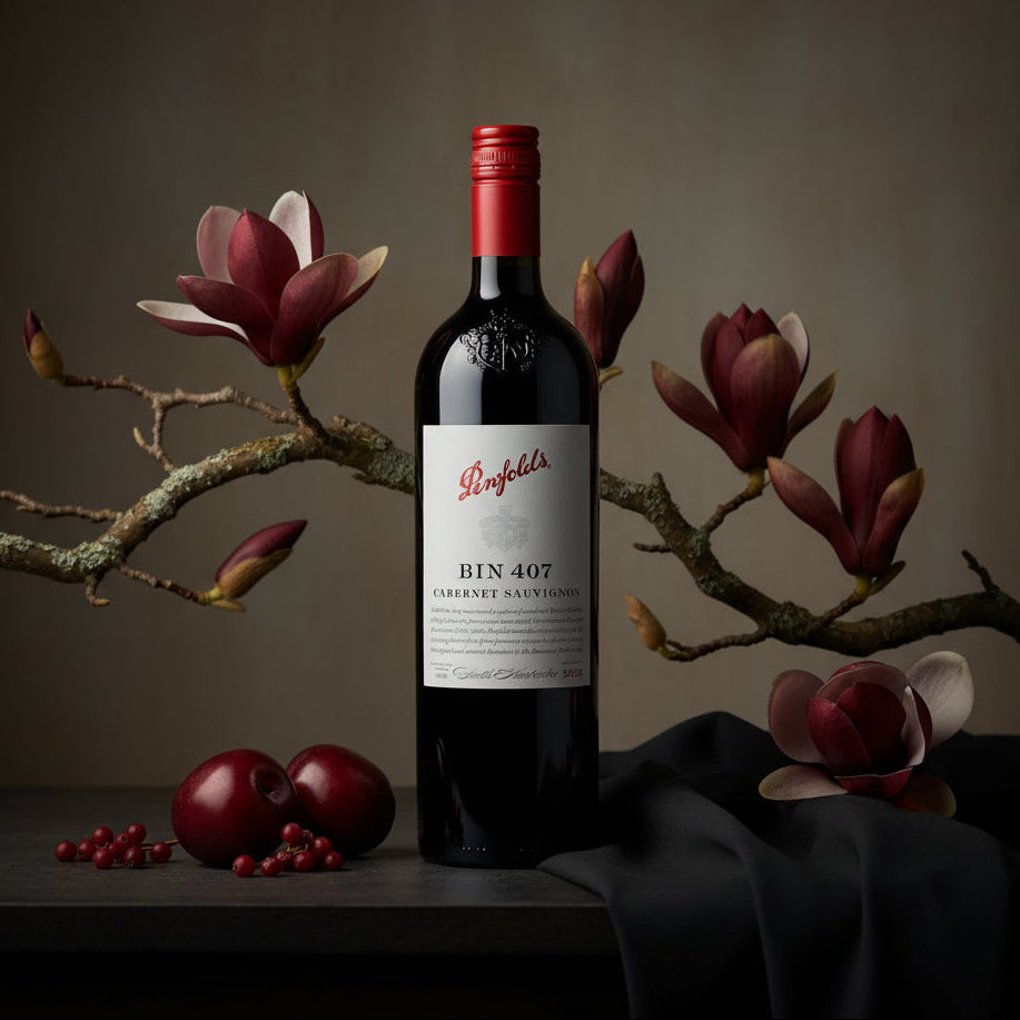 Load image into Gallery viewer, A bottle of Penfolds Bin 407 Cabernet Sauvignon red wine stands on a dark surface, framed by magenta magnolia blossoms, red berries, and draped black fabric against a warm brown background.