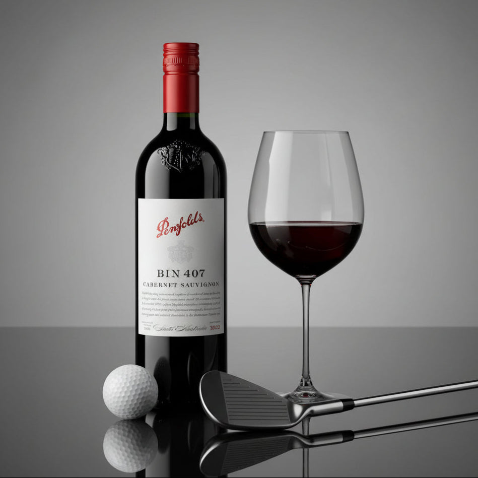 Load image into Gallery viewer, A bottle of Penfolds Bin 407 Cabernet Sauvignon next to a filled wine glass, a golf club, and a golf ball on a reflective dark surface against a gray gradient background.