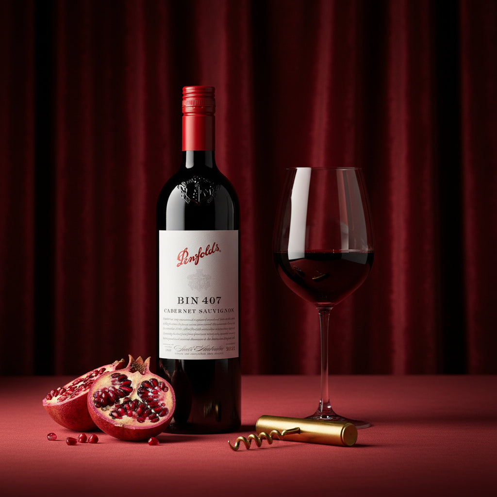 Load image into Gallery viewer, A bottle of Penfolds Bin 407 Cabernet Sauvignon red wine stands on a red surface with a filled wine glass, a corkscrew, and pomegranate halves against a dark red curtain backdrop.