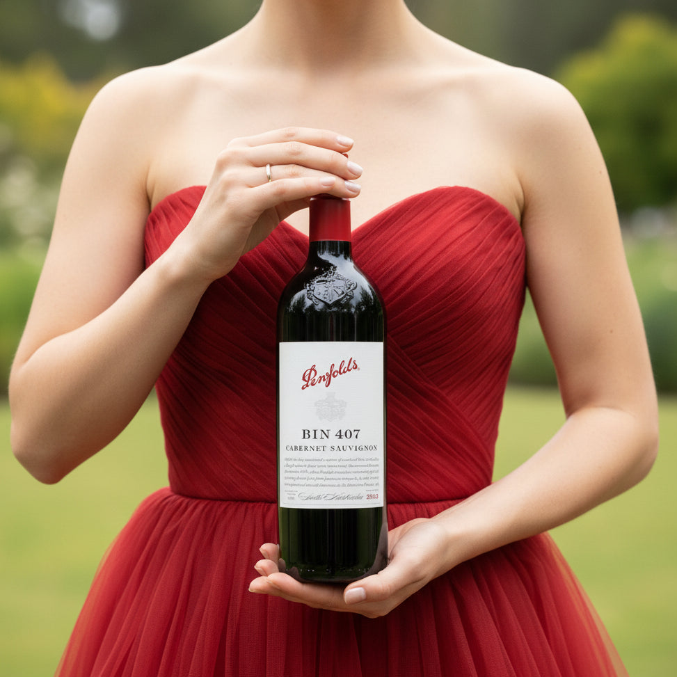 Load image into Gallery viewer, A woman in a red strapless gown holds a bottle of Bentley Bin 407 Cabernet Sauvignon in front of a blurred green garden background.