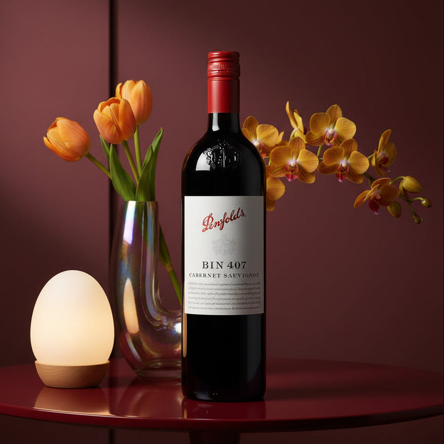 Load image into Gallery viewer, A bottle of Penfolds Bin 407 Cabernet Sauvignon red wine stands on a glossy dark red table, styled with a vase of orange tulips, yellow orchids, and a glowing egg-shaped lamp against a deep burgundy background.