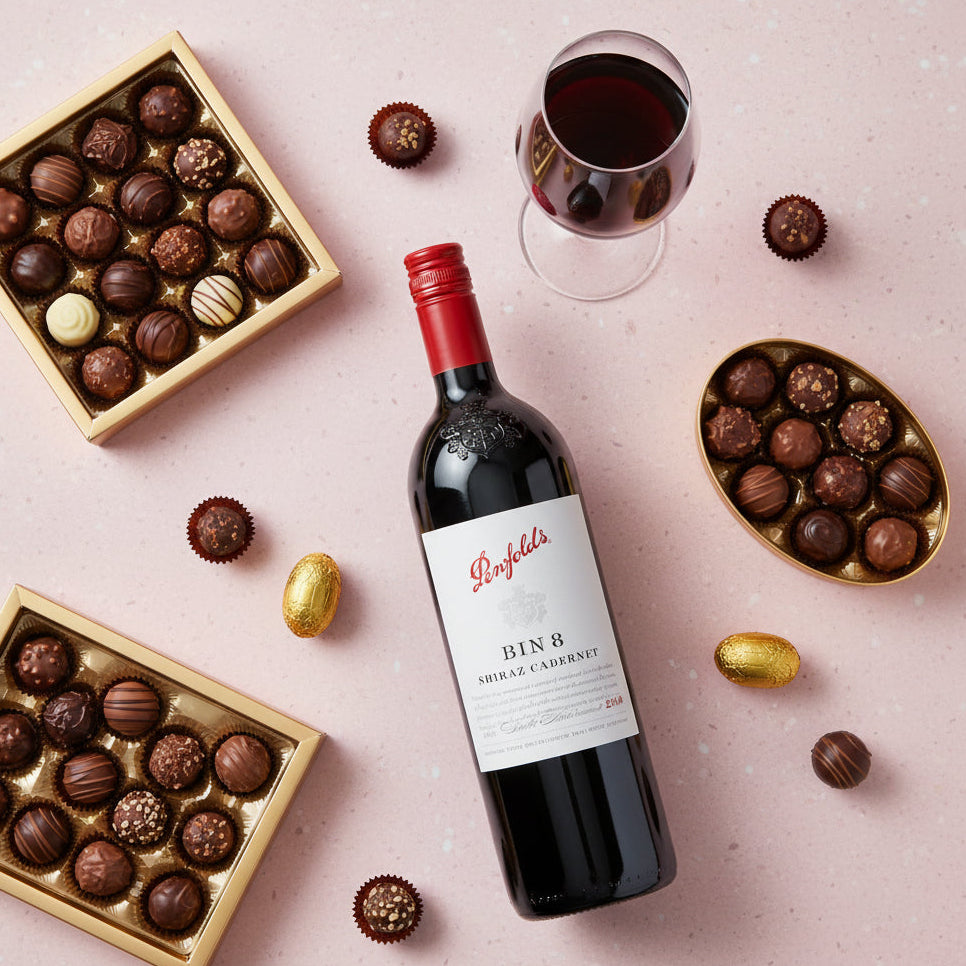Load image into Gallery viewer, A bottle of Penfolds Bin 8 Shiraz Cabernet Sauvignon wine is arranged on a light pink background with gold boxes of assorted chocolates, a glass of red wine, and scattered chocolate pieces.