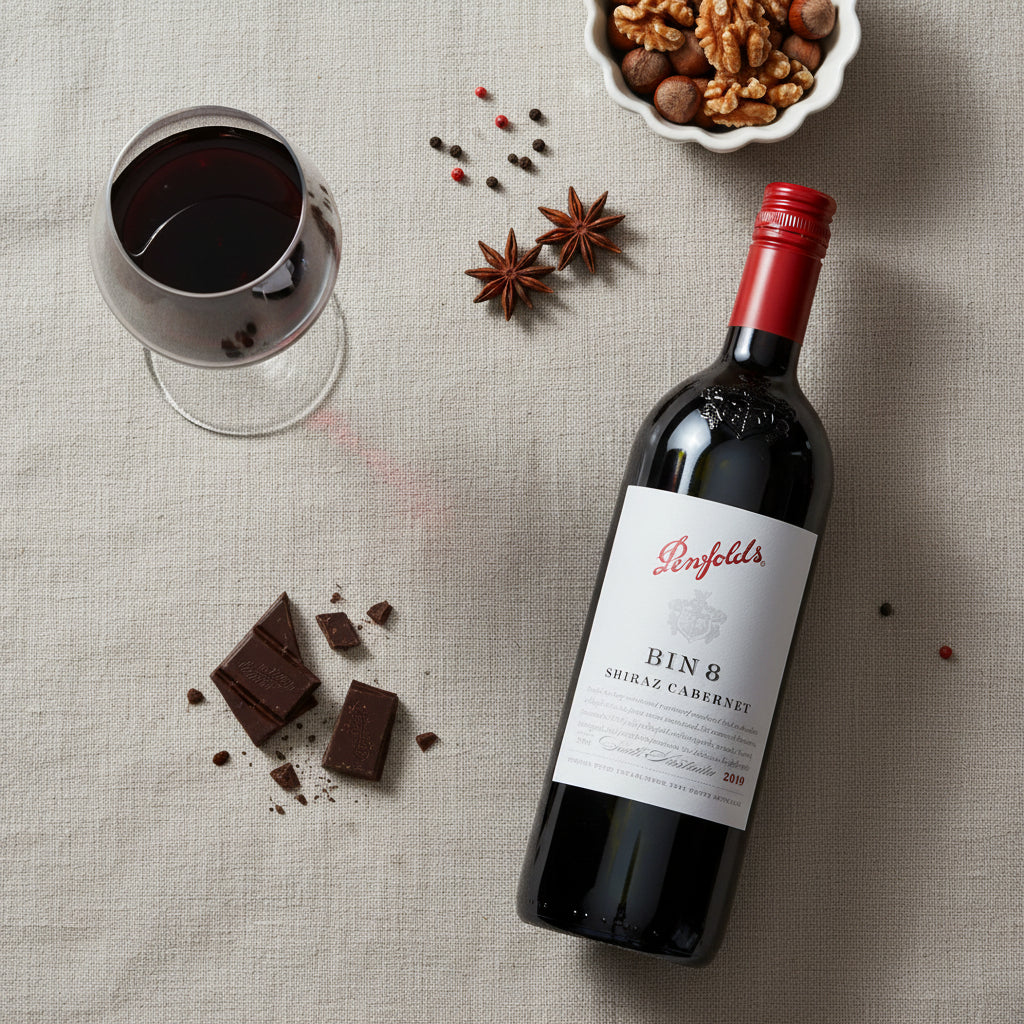 Load image into Gallery viewer, A bottle of Penfolds Bin 8 Shiraz Cabernet red wine with a glass of red wine, chocolate pieces, star anise, and walnuts arranged on a beige linen tablecloth.