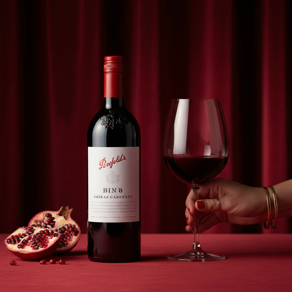 Load image into Gallery viewer, A bottle of Penfolds Bin 8 Shiraz Cabernet red wine stands on a red surface beside a filled wine glass and a cut pomegranate, with a hand holding the glass stem against a dark red curtain background.