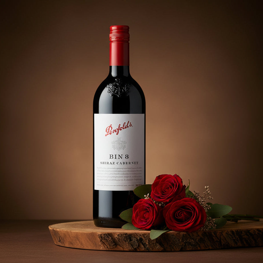Load image into Gallery viewer, A bottle of Penfolds BIN 8 Shiraz Cabernet red wine is displayed on a rustic wooden slice with three red roses, set against a dark brown studio background.