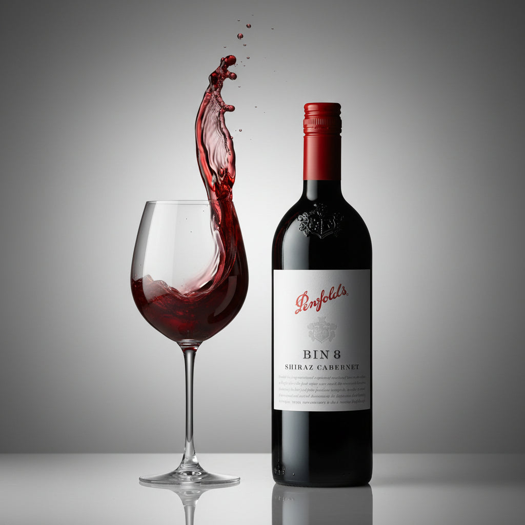 Load image into Gallery viewer, A bottle of Penfolds Bin 8 Shiraz Cabernet next to a wine glass with a dramatic splash of red wine, set against a dark gray studio background.