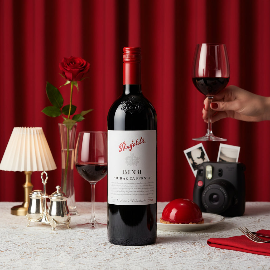 Load image into Gallery viewer, A bottle of Penfolds Bin 8 Shiraz Cabernet red wine stands on a table with a glass of red wine, a hand holding a wine glass, a red rose, a lamp, a camera, and other styled props against a red curtain background.