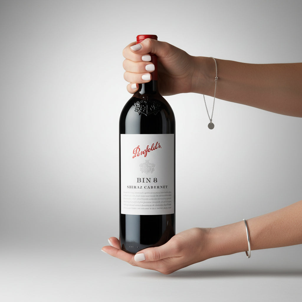 Load image into Gallery viewer, A woman's hands holding a bottle of Penfold's Bin 8 Shiraz Cabernet red wine against a clean, light grey studio background.