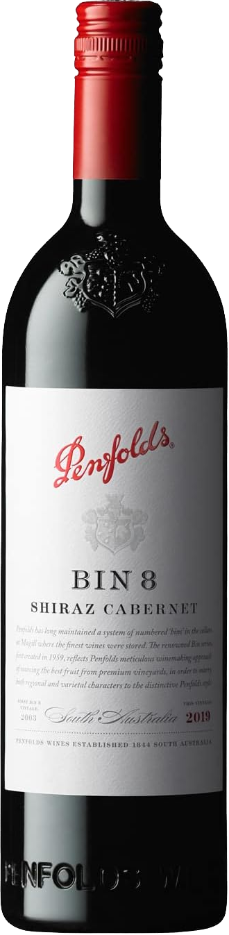 Load image into Gallery viewer, A bottle of Penfolds Bin 8 Shiraz Cabernet red wine, featuring a dark glass bottle with a red wax seal and a white label with red and black text.