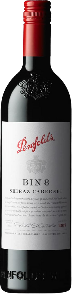 A bottle of Penfolds Bin 8 Shiraz Cabernet red wine, featuring a dark glass bottle with a red wax seal and a white label with red and black text.