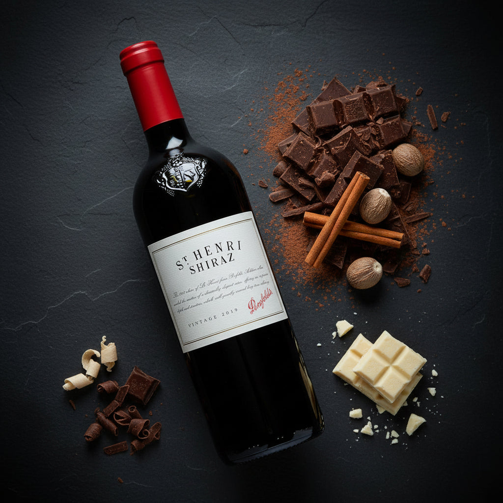 Load image into Gallery viewer, Bottle of St. Henri Shiraz red wine with chocolate, nuts, and spices on a dark surface