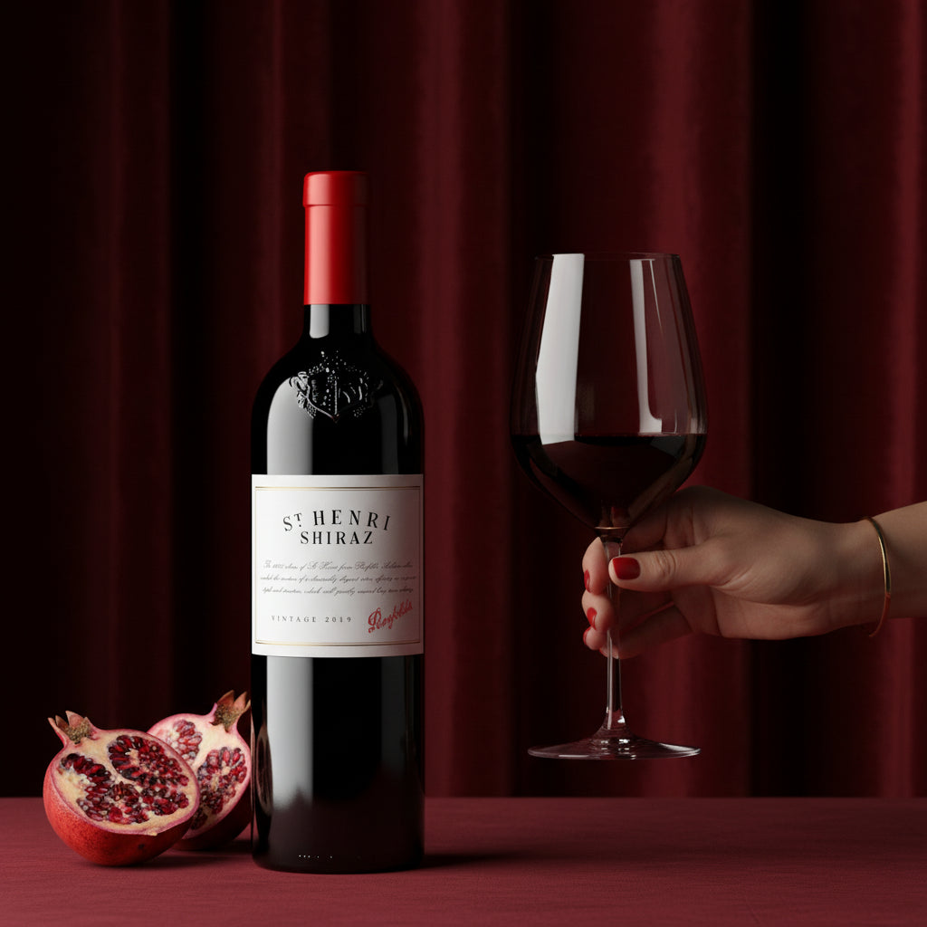 Load image into Gallery viewer, Bottle of St Henri Shiraz red wine with a glass of red wine and pomegranate on a red background