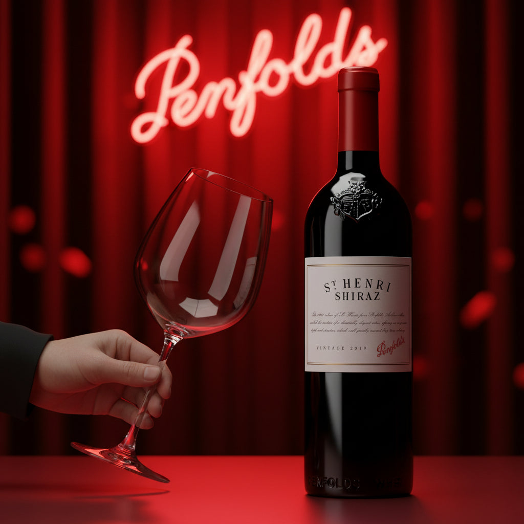 Load image into Gallery viewer, Penfolds St Henri Shiraz red wine bottle with a hand holding an empty glass against a red background with neon 'Penfolds' sign.