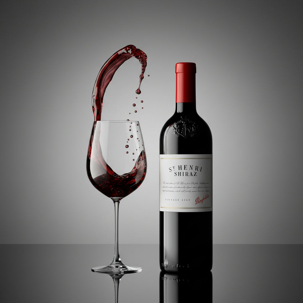 Load image into Gallery viewer, Bottle of Penfolds St Henri Shiraz wine with a glass being filled with red wine on a gray background