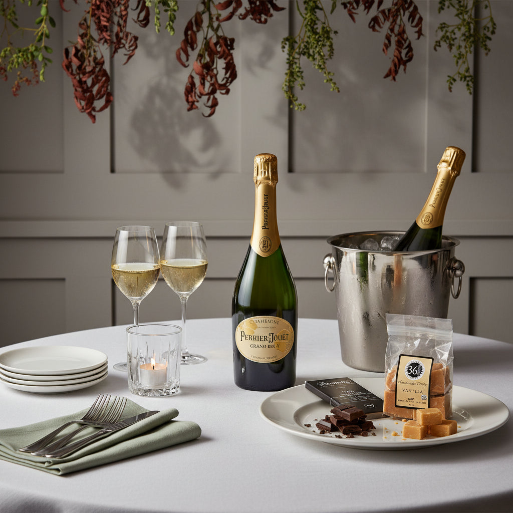 Load image into Gallery viewer, Table setting with Perrier-Jouet champagne, glasses, Bennetts chocolates and 36 Degrees vanilla fudge  in a cozy indoor setting.