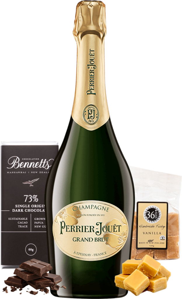 Perrier-Jouët champagne bottle with Bennets Dark chocolate and 36 Degress vanilla fudge on a white background