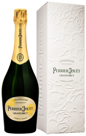 An image of a bottle of Perrier-Jouet Grand Brut Non-vintage, 750ml next to its classy gift box