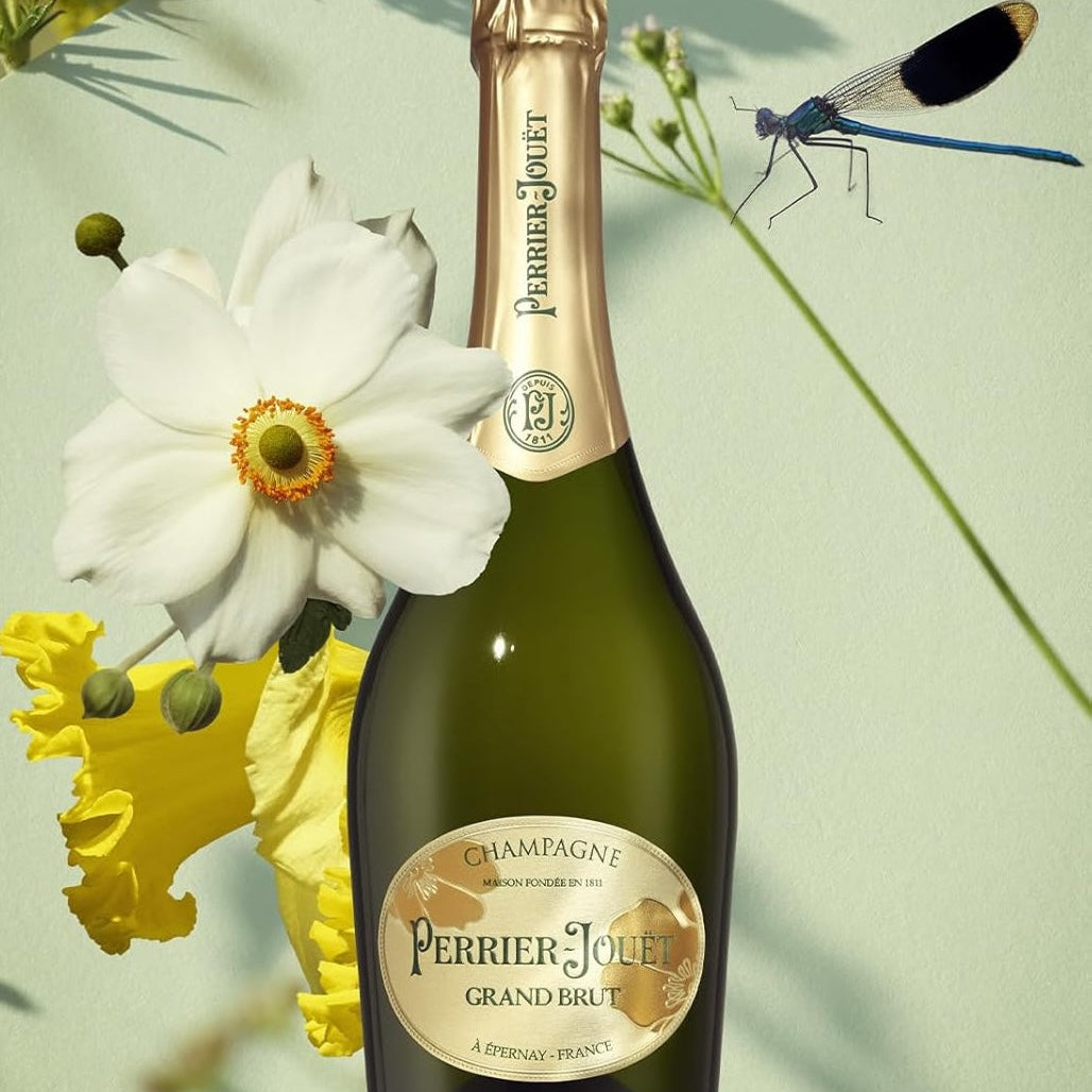 Load image into Gallery viewer, Champagne bottle with flowers and dragonfly on a light green background