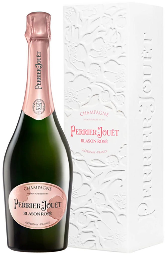 An image of a bottle of Perrier-Jouët Blason Rosé Champagne, 750ml next to it's gorgeous gift box