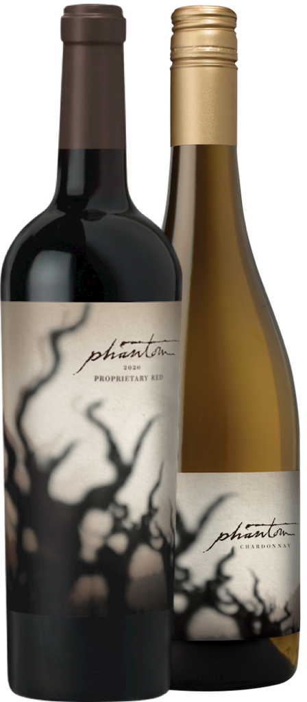 Two bottles of Bogle Phantom wine bottles, one red blend and one chardonnay, side by side.
