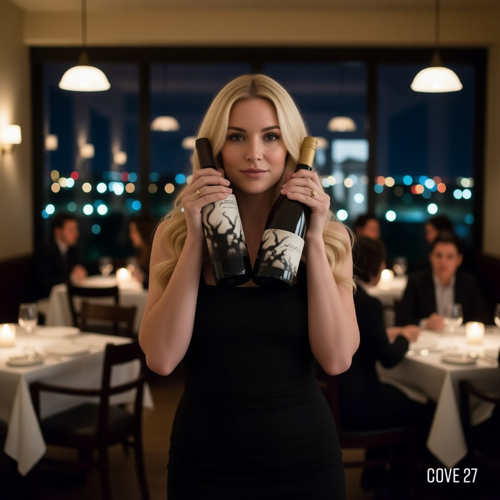 Load image into Gallery viewer, Woman holding two Bogle Phantom wine bottles, one red blend and one chardonnay, in a restaurant setting with city lights in the background