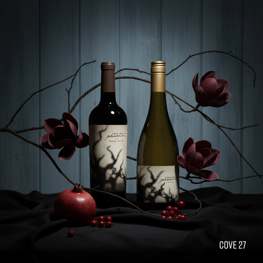 Load image into Gallery viewer, Two Bogle Phantom wine bottles, one red blend and one chardonnay, with decorative elements on a dark background