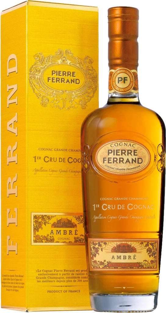 An image of a bottle of fine Pierre Ferrand Ambre Cognac next to its stylish gift box