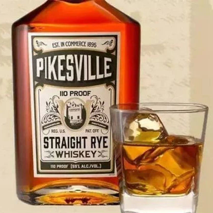 Load image into Gallery viewer, Pikesville Straight Rye Whiskey bottle with a glass of whiskey on a neutral background