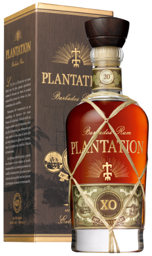 An image of a bottle of Plantation XO 20th Anniversary Barbados Dark Golden Rum next to its fine gift box