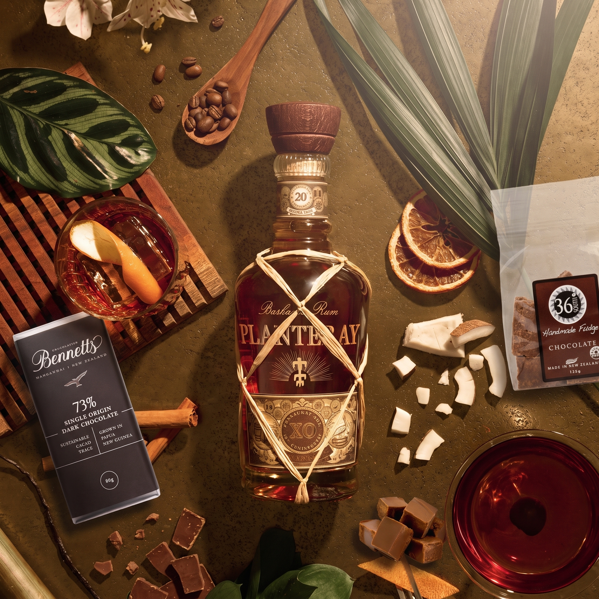 Load image into Gallery viewer, A styled flat-lay featuring a bottle of Planteray XO Rum centred on a warm brown surface, surrounded by chocolate, a glass of dark rum, dried orange slices, green leaves, and a package of Bennetts chocolate.